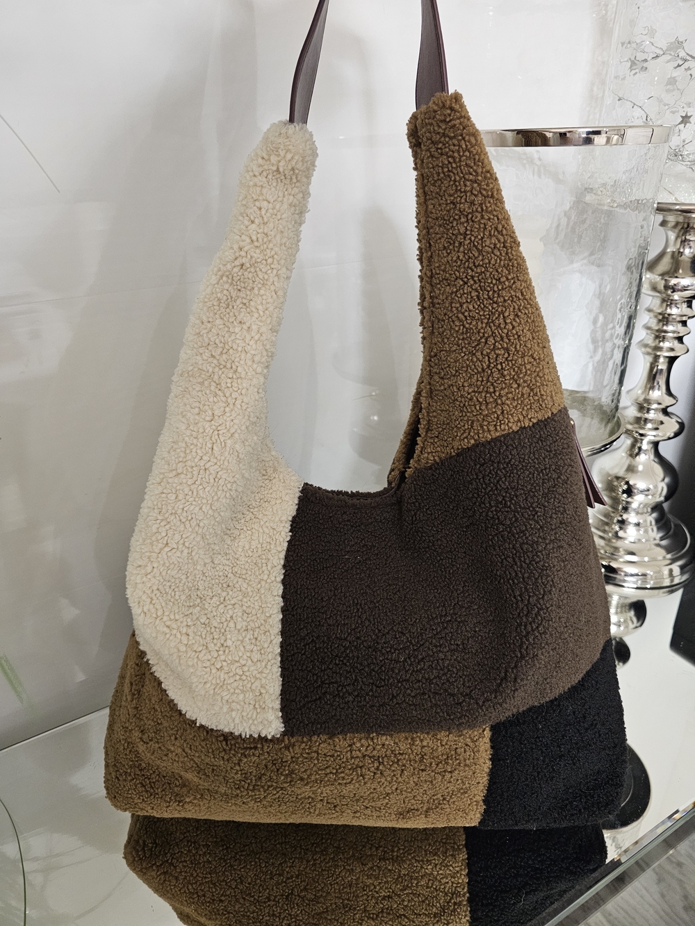 Steve Madden Colorblock Sherpa Shoulder Bag in Brown, Beige, Black